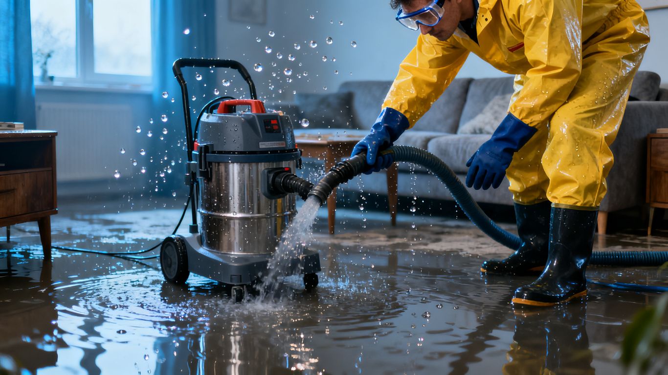 Water damage restoration worker extracting water from a flooded room.